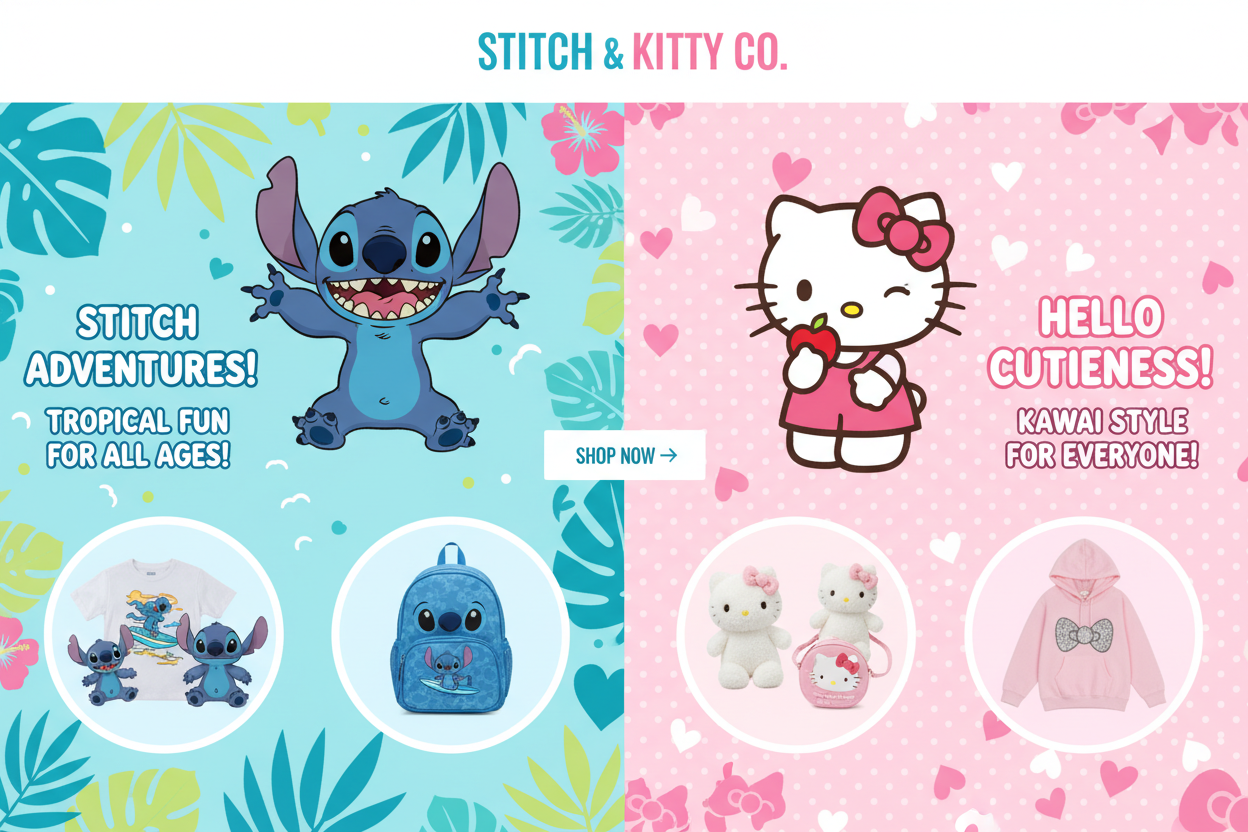 an online shop that sells Stitch and Hello Kitty products, both for kids and adults